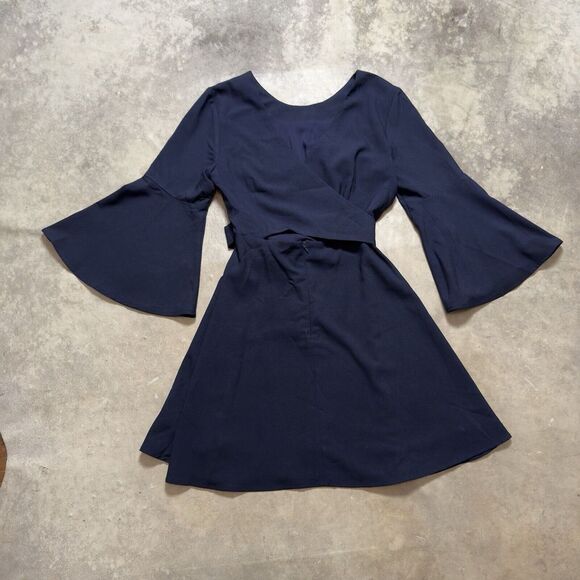 J.O.A. Dress Womens Medium Navy Blue Fit Flare Tie Waist Short Cross Back - Picture 2 of 12